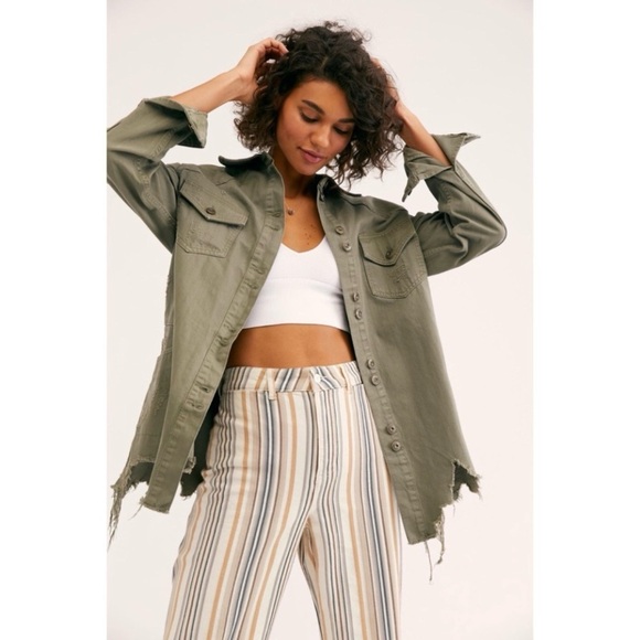 Free People Moonchild Distressed Denim Shirt Jacket Moss Green Small - Picture 4 of 16